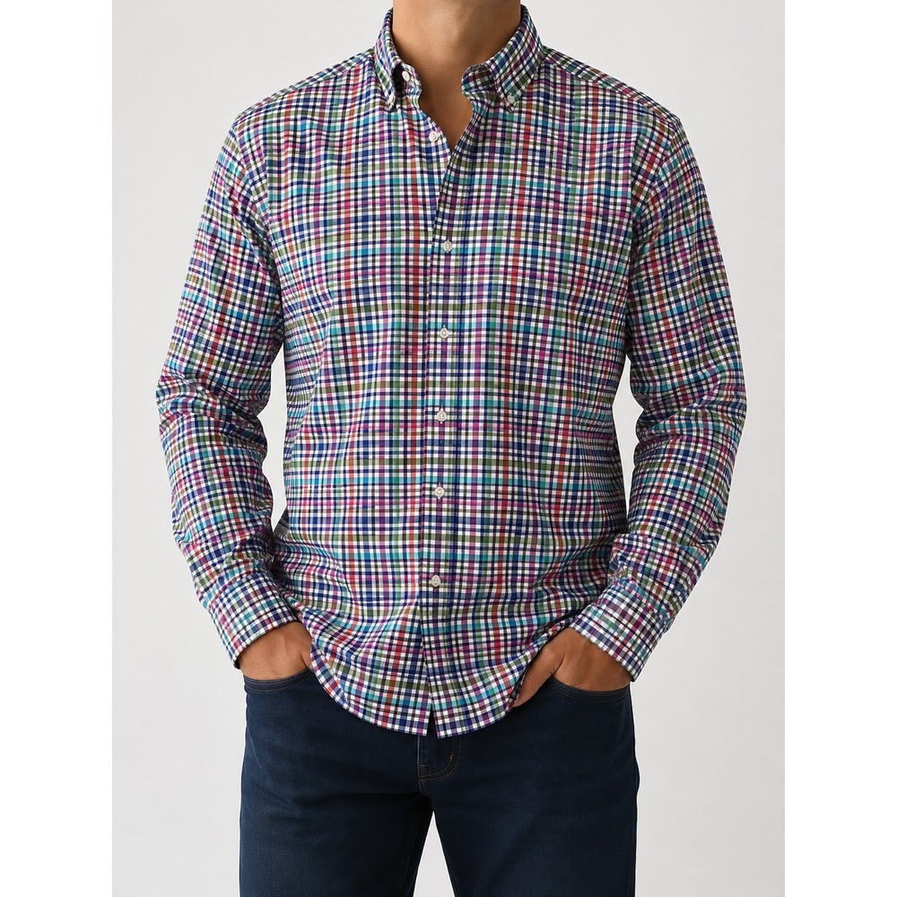 Tallia Mens Large 16.5 Rainbow Check Plaid Button Down Shirt Long Sleeve Cotton